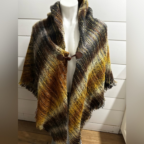 Shawl Multi Color Button Front One Size Brown Black Yellow Orange - Picture 3 of 16